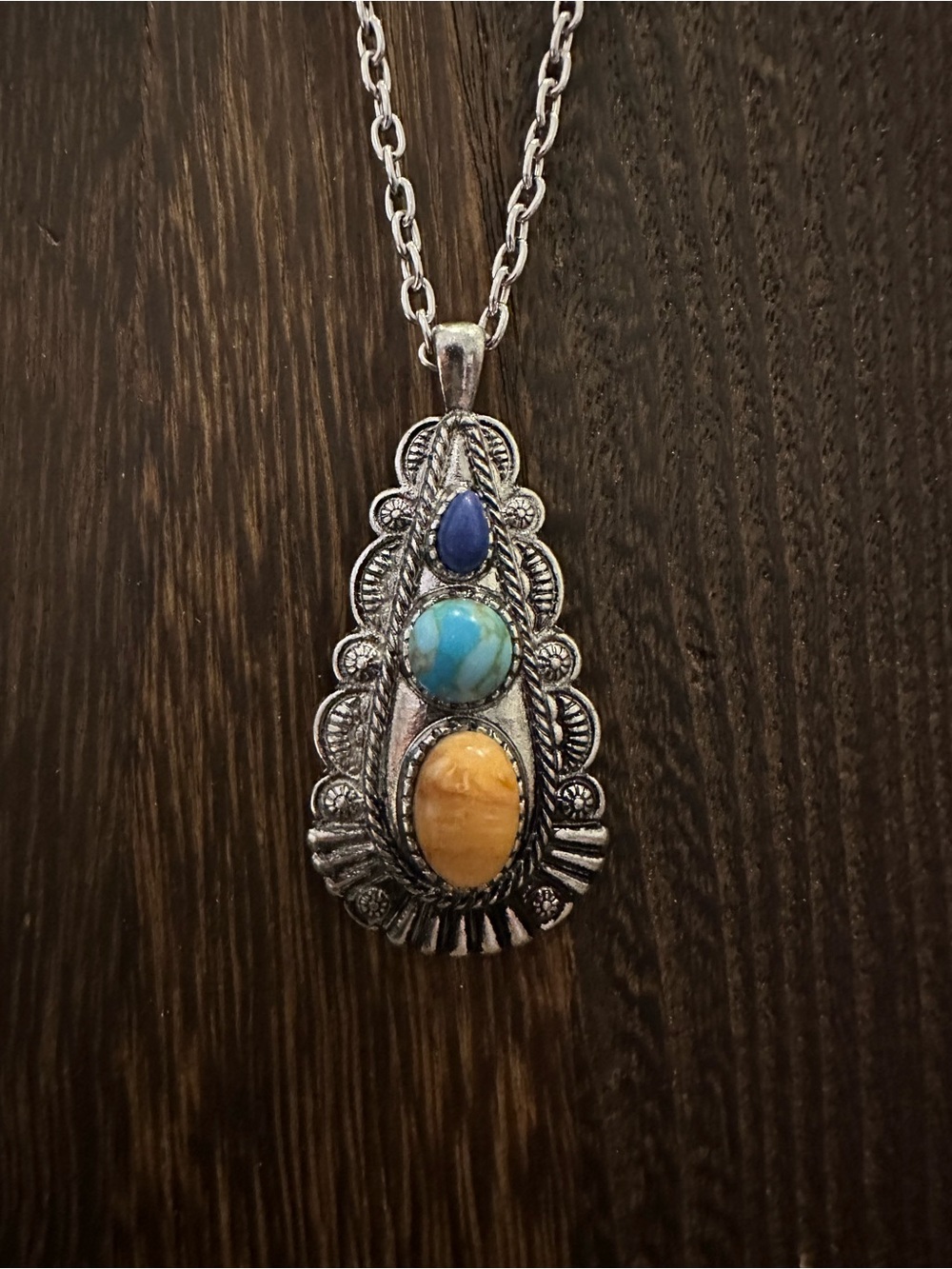 Silver-tone Pendant Necklace with Blue, Turquoise and Orange Stone Accents